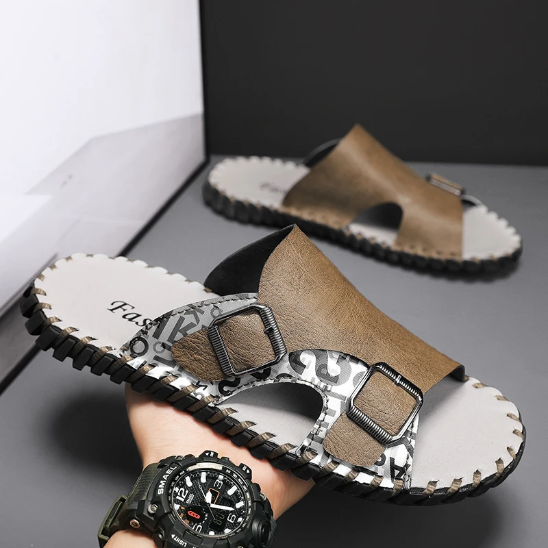 Сандалии мужские из натуральной кожи дышащие шлепанцы удобная повседневная