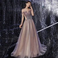shiny purple evening dresses a line floor length lace up sleeveless off the shoulder with tassel luxurious party prom gowns
