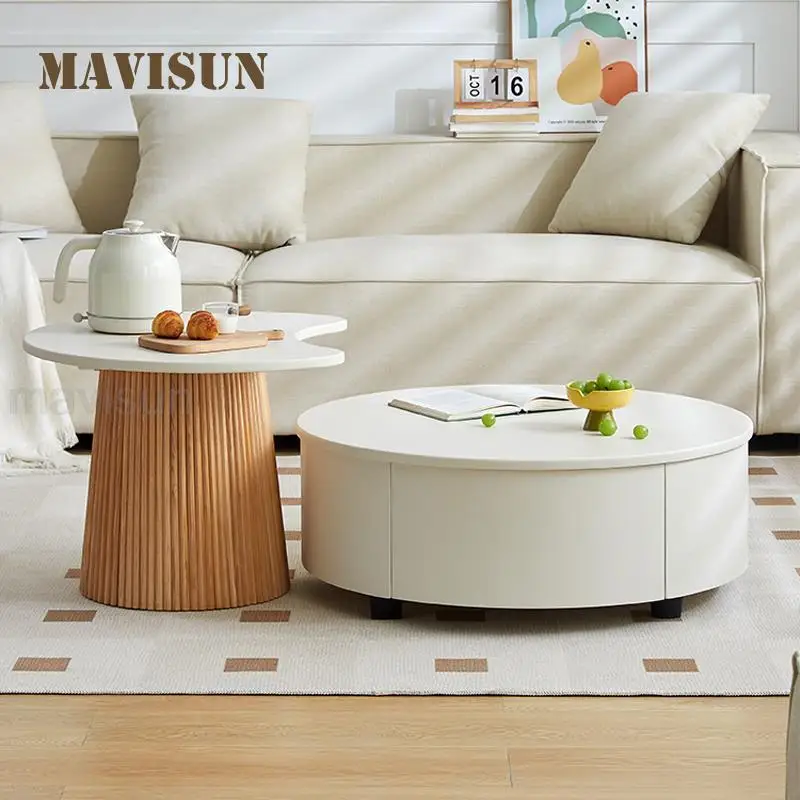 

Деревянные журнальные столики с выдвижным ящиком, доска высокой плотности для гостиной, Центральная мебель, современный минималистичный белый круглый фотографический столик