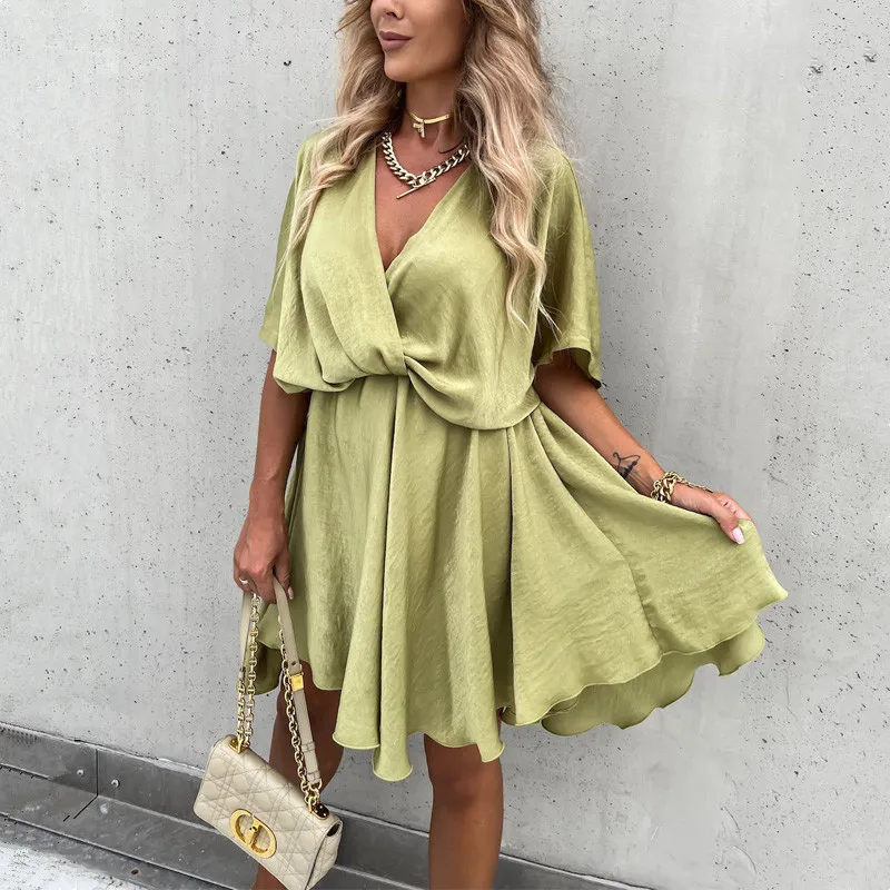

Elegant Summer Short Sleeve V Neck Elastic Waist Pleated Dress Women Satin Mini Dress Fashion Vestidos Robe Vacation Party Dress
