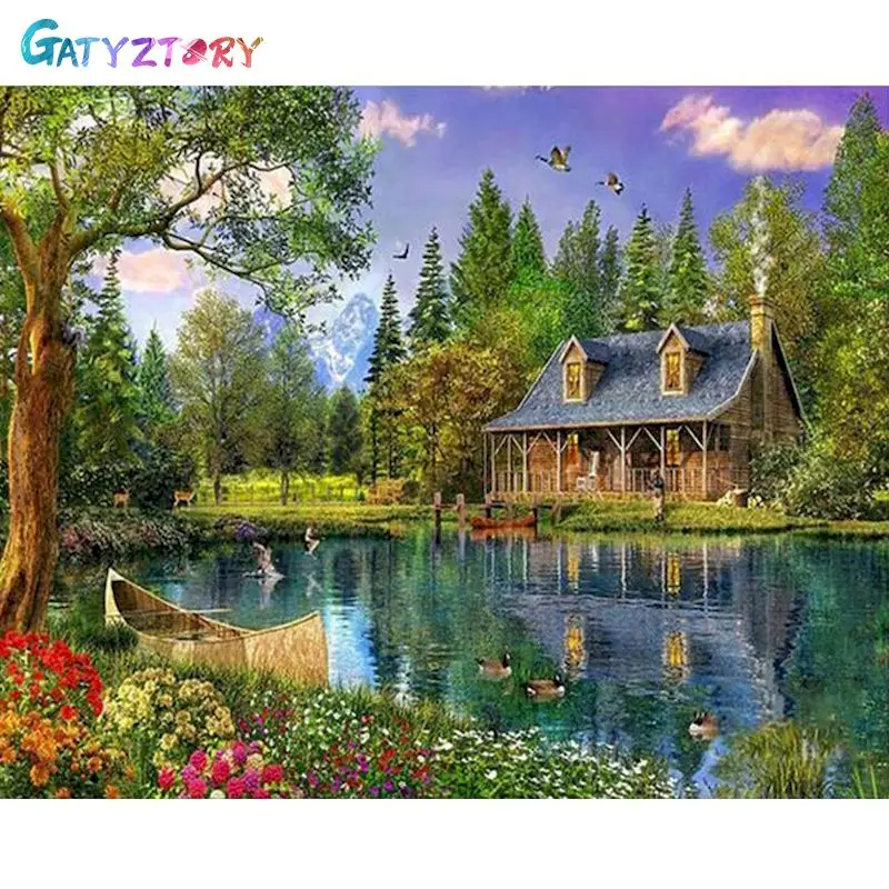 

GATYZTORY Pictures By Number River house Kits Home Decor Painting By Numbers Landscape Drawing On Canvas HandPainted Art DIY Gif
