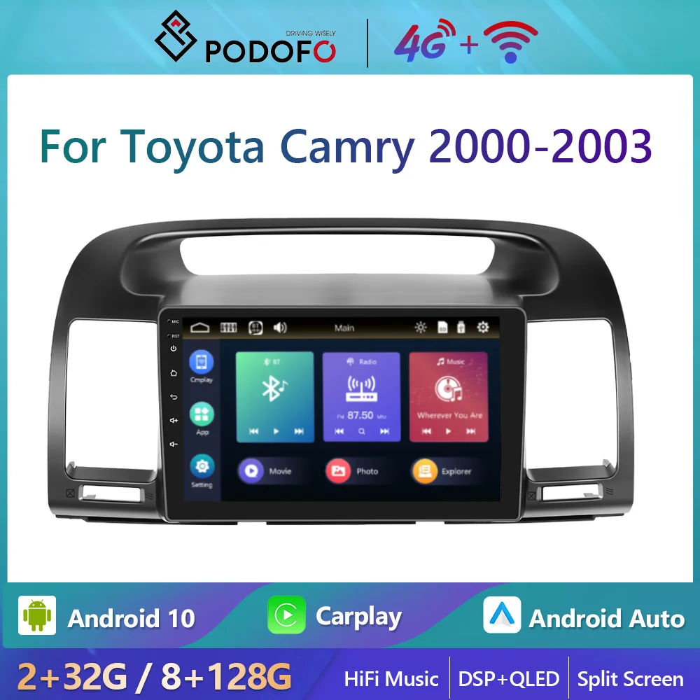 

Автомагнитола Podofo, 2Din, Android 10, мультимедийный видеоплеер для Toyota Camry 2000-2003, GPS-навигация, автостерео