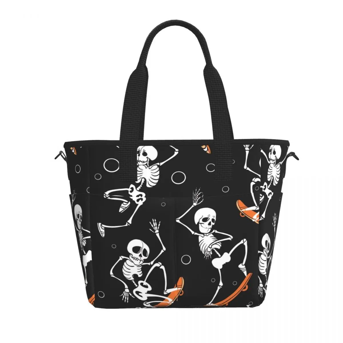 

Travel Insulated Lunch Bag Skateboarding Jumping Skeletons Spooky Print Large Capacity Food Case for Picnic