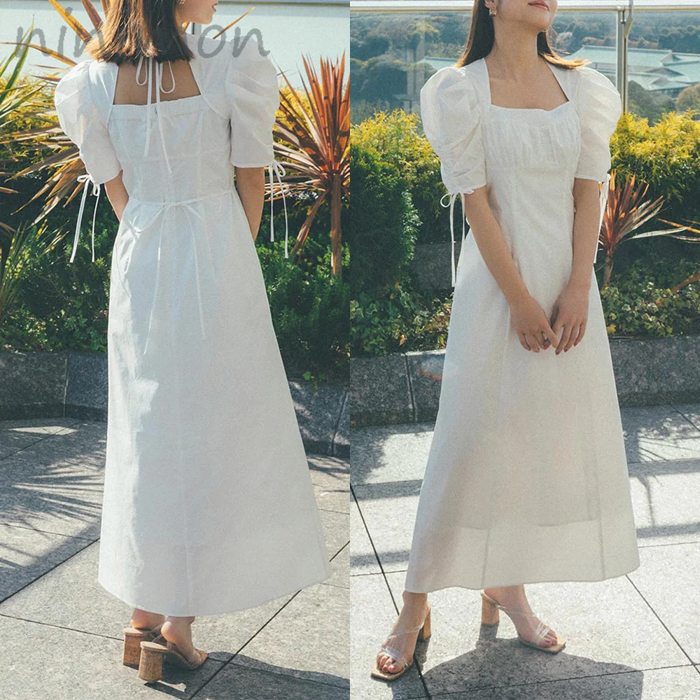 

NINIMON Summer French Square Neck Short Puff Sleeves Backless Crossover Straps Dress Casual Party Snidel Linen Blend Dress