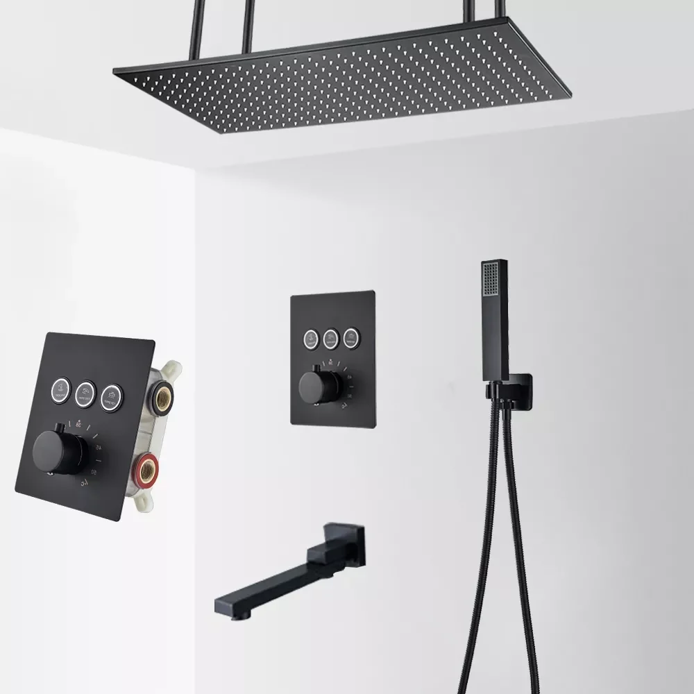 

Big Black Thermostatic Bathroom Shower Faucet Set Rain Waterfall Bathtub Shower System Mixer Tap Ceiling Mounted Button Faucet