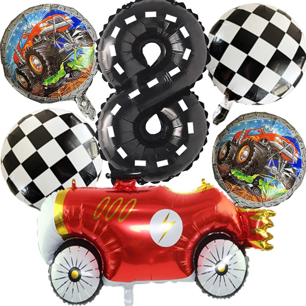

6PCS Race Car Party Decor Monster Truck Retro Foil Balloon 32 Inch Number 1 2 3 8 Balloons Boy 8th Birthday Baby Shower Supplies