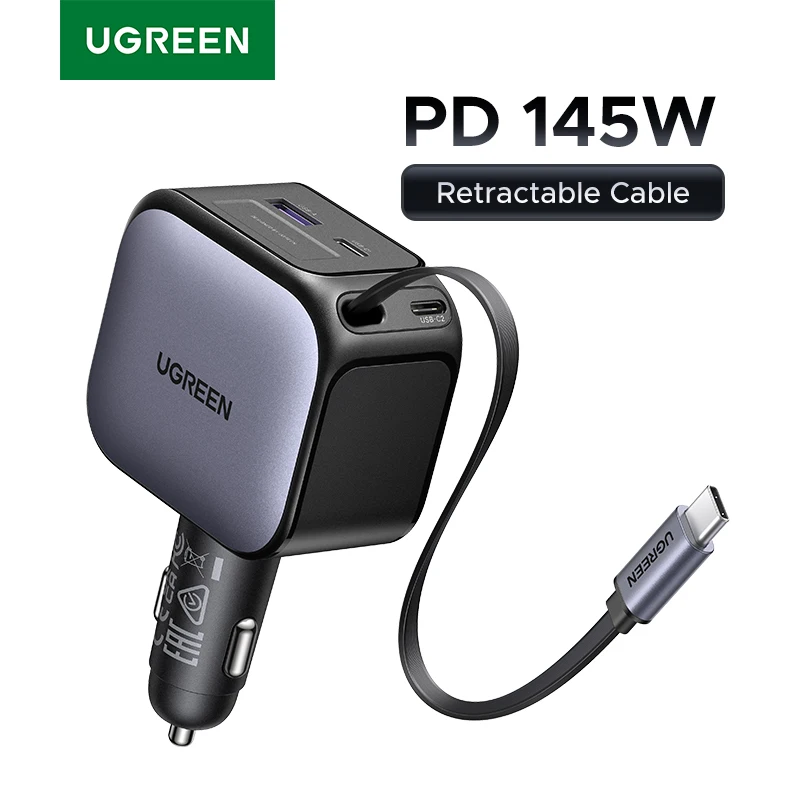 Фото UGREEN USB Type-C Автомобильное зарядное устройство PD145W 90 Вт 60 Вт Выдвижной кабель PD SCP AFC PPS Быстрая зарядка для планшета iPhone Samsung Xiaomi №1