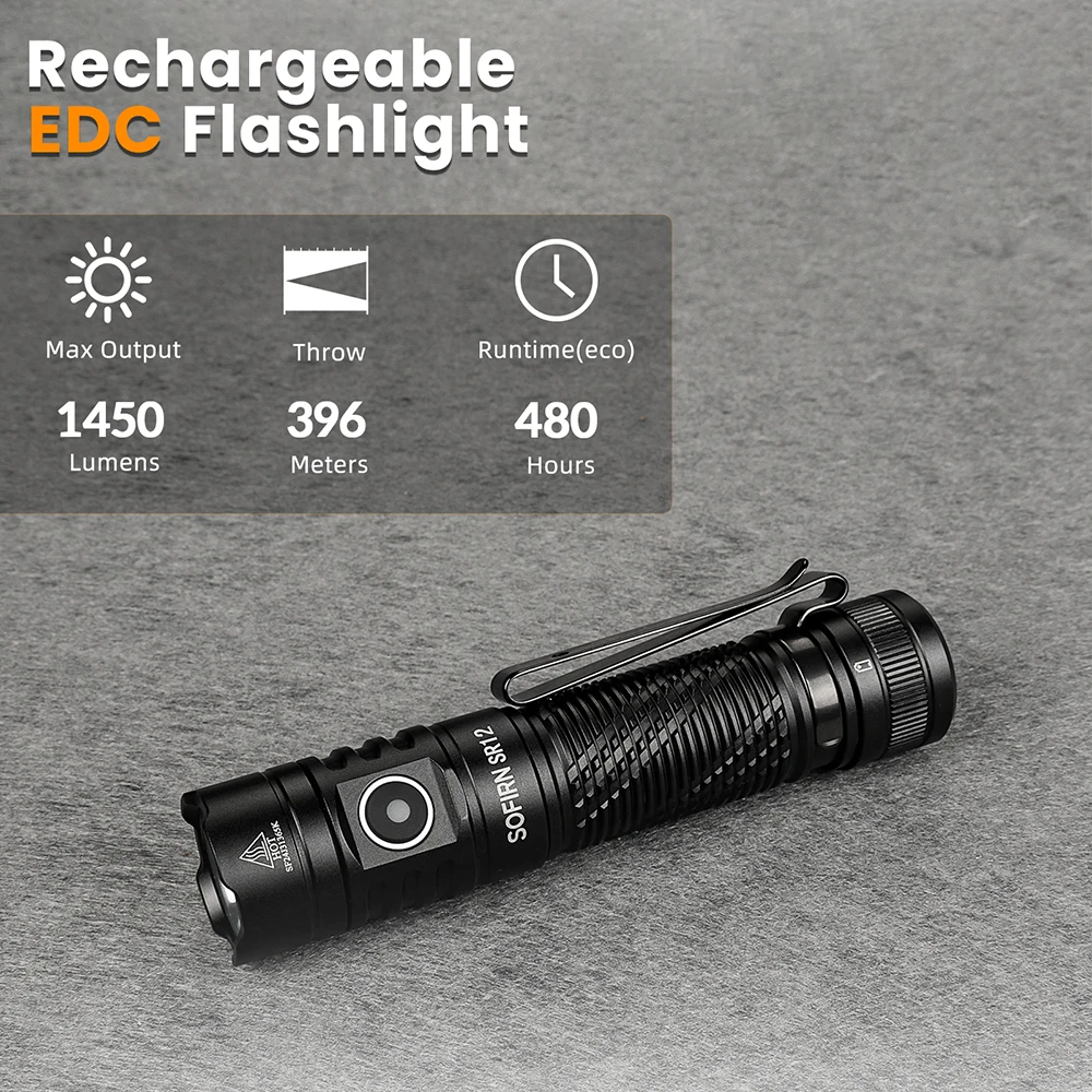 Sofirn SR12 1450LM Powerful EDC Flashlight SFT25R LED 18650 USB C Rechargeable Torch IP68 Waterproof