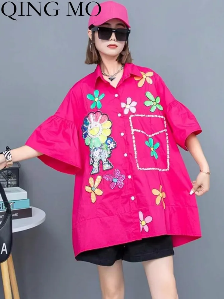 

QING MO 2023 Summer New Heavy Industry Diamond Embedding Candy Color Shirt Women Loose Mid Length Sequins Top Blouse ZXF2692