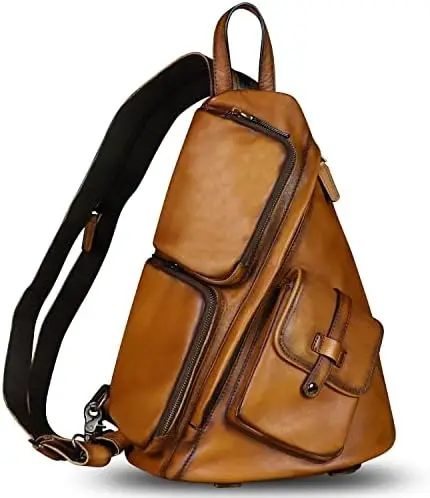 

Genuine Leather Sling Bag Crossbody Casual Hiking Daypack Vintage Handmade Chest Bag Shoulder Backpack Motorcycle Pack Rucksack