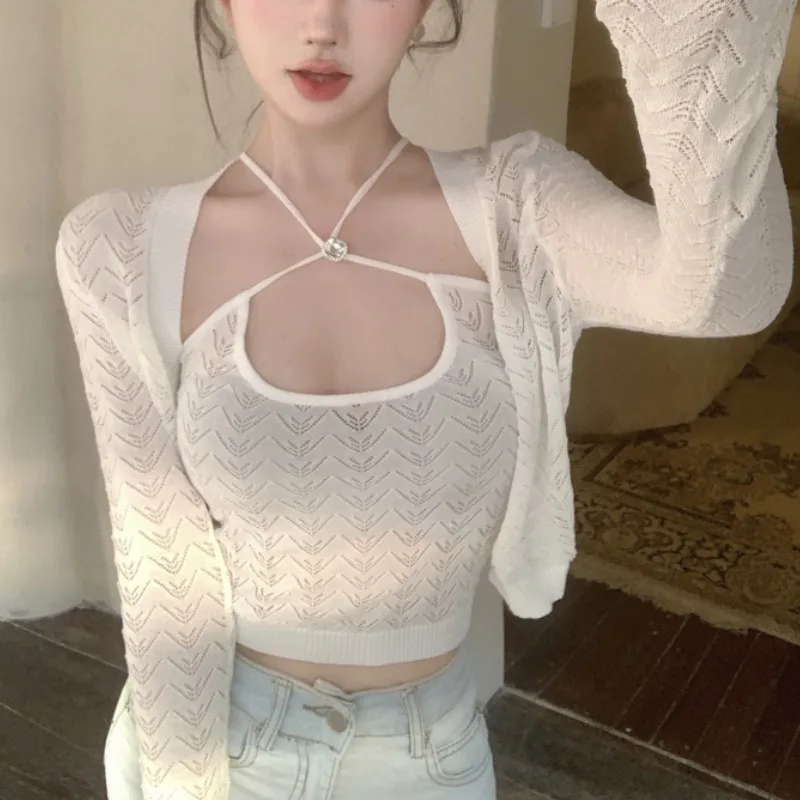 

Women Crop Tops Vintage Korean Retro High Street Hollow Out Sweater Cardigan + Halter Neck Vest 2 Pieces Suit Knit Jacket Tops
