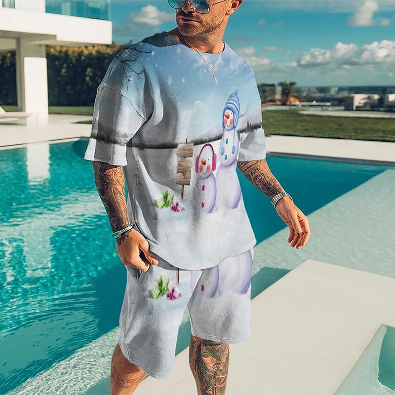 Summer Men's Tracksuit Set New  3D Printed  Oversized T-Shirt Fashion  Short Sleeve Christmas Casual O-Neck  2 Piece Suit