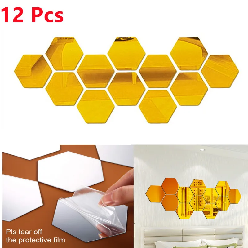 

12pcs Hexagon Mirror Wall Stickers Acrylic Self Adhesive 3D Mirror Tiles Sticker Decals DIY Bedroom Bathroom Home Decor
