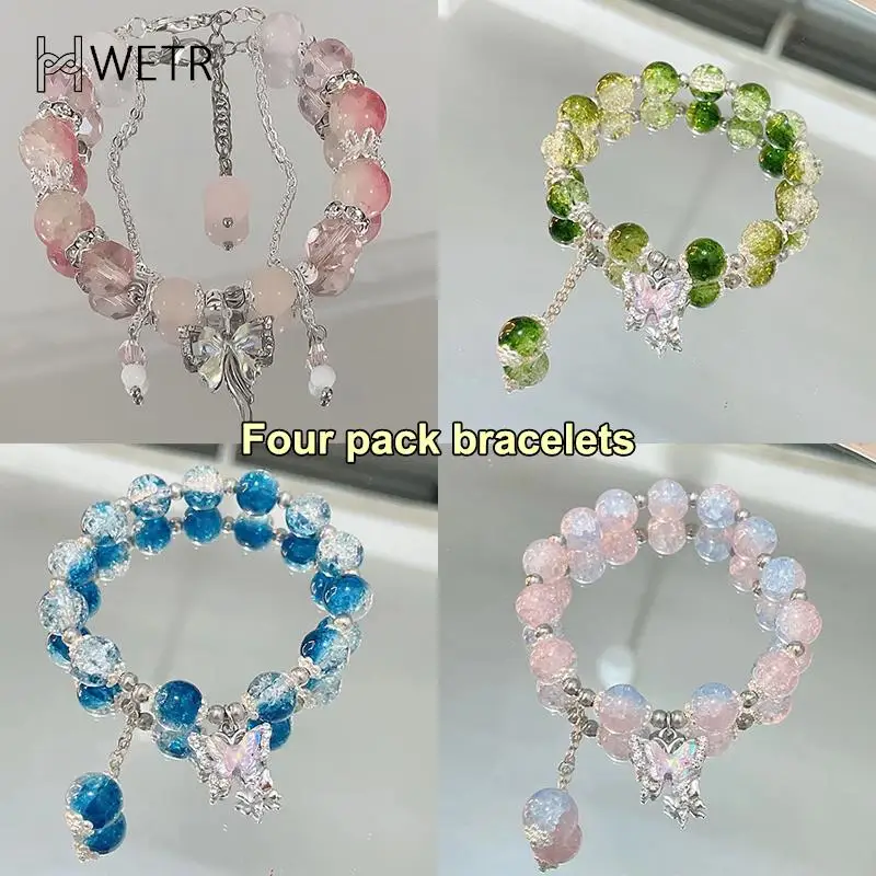 Женский браслет с подвеской-бабочкой, розовый браслет с бусинами в виде ...