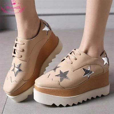 Casual Shoes Women 2023 Autumn Luxury Leather Platform Stars wedge Female Winter Fashion Lace Up summer Walking Loafers