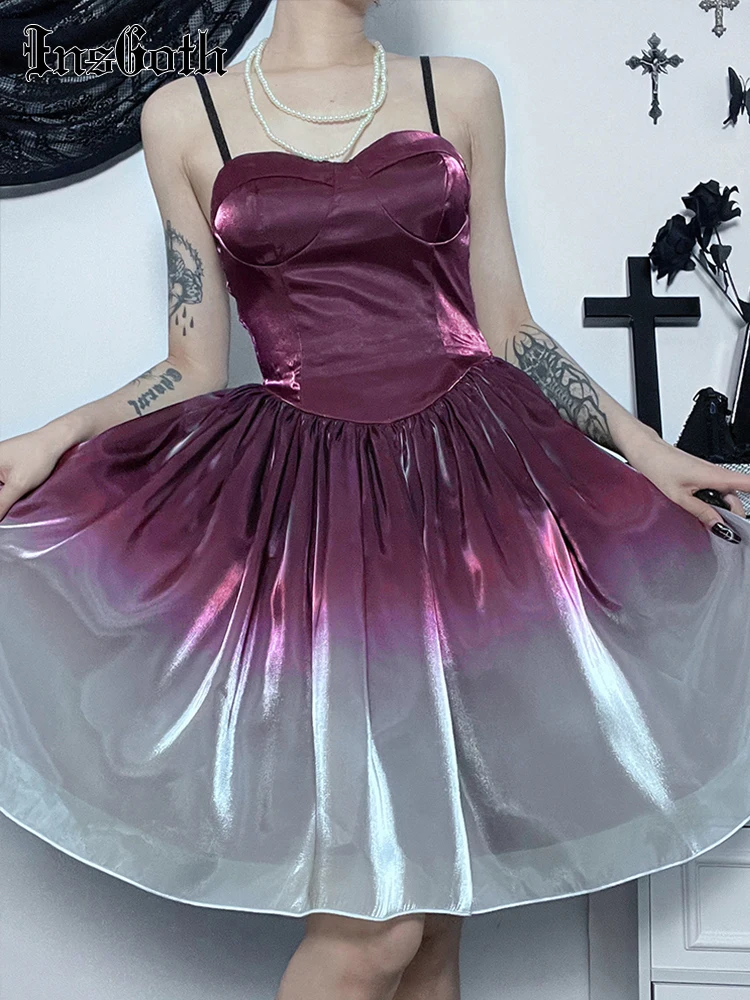 

InsGoth Gothic Gradient Corset A Line Dress Women Sexy Kawaii Elf Girl Cami Mini Dresses Vintage Harajuku Harajuku Faire Grunge