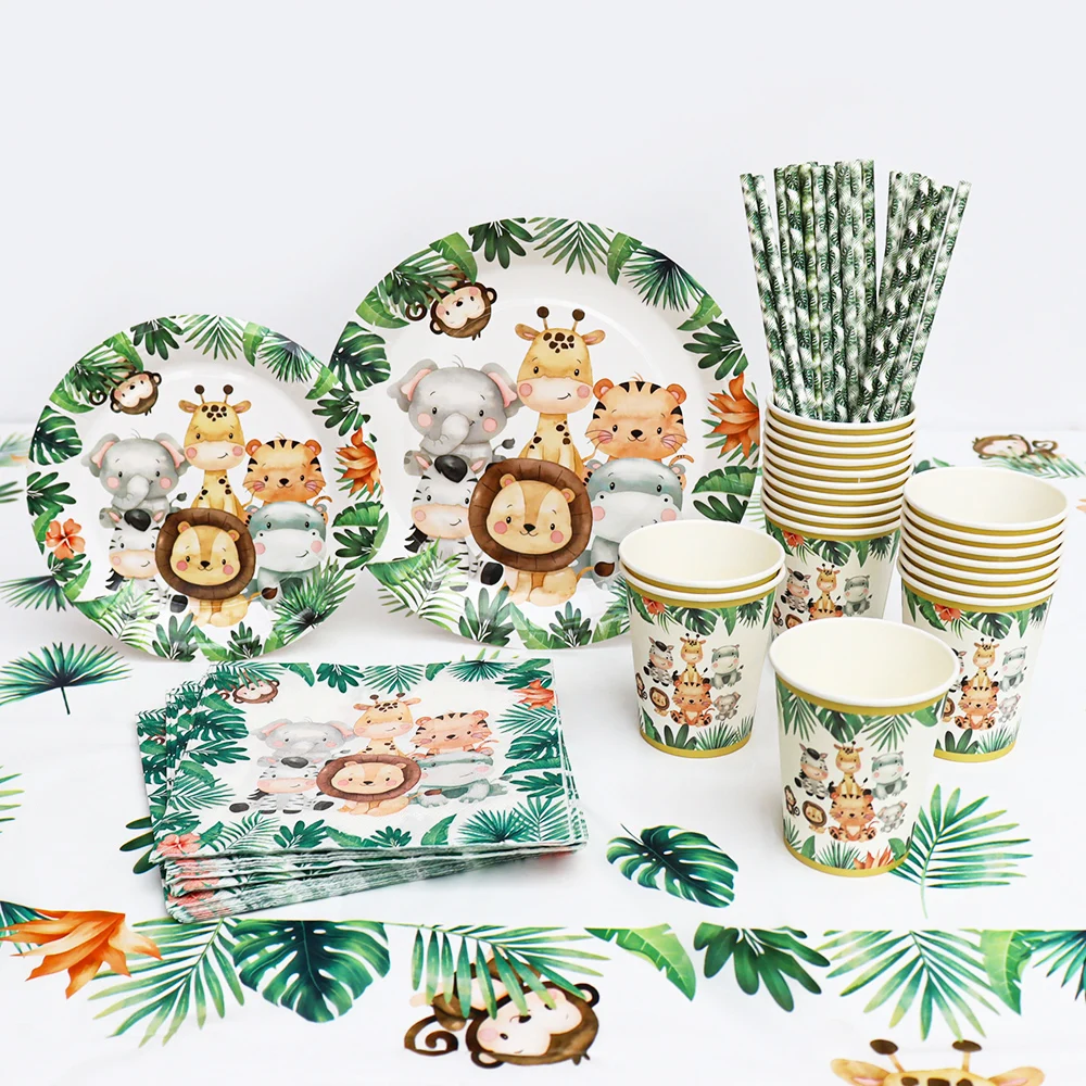Jungle Safari Birthday Decorations Animal Disposable Tableware Forest Woodland Baby Shower Boy 1 2 3 4 5 Birthday Party Supplies