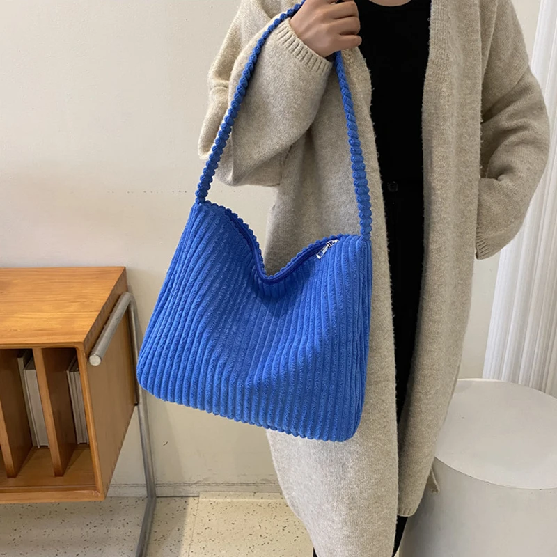 

Corduroy Women Shoulder Bag Vintage High Capacity Totes Fashion Solid Color Underarm Bag Casual Zipper Handbag Shopping Bags