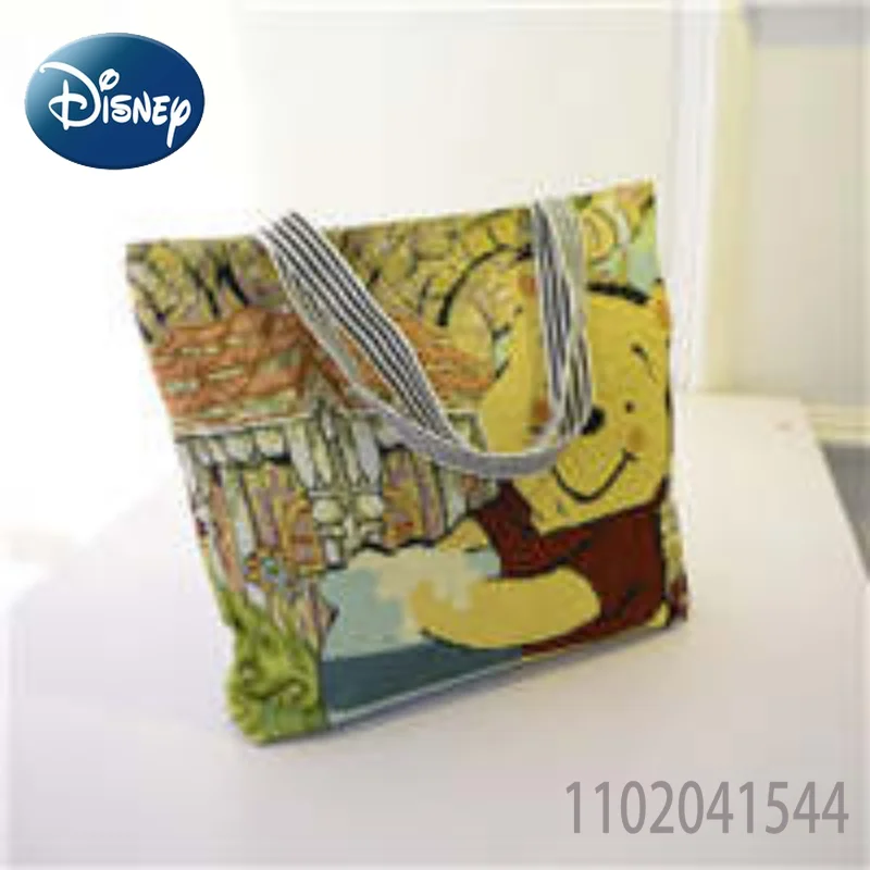 Disney Tote Bag Large Capacity Durable Mickey Canvas Pooh Bear Cartoon Embroidery Shopping Shoulder Handbag for Girl