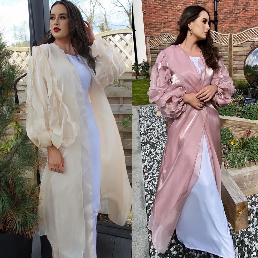 

Summer Open Abaya Kimono Silky Satin Abayas for Women Dubai Petal Bubble Sleeve Turkey Muslim Hijab Dress Islam Modest Kaftan