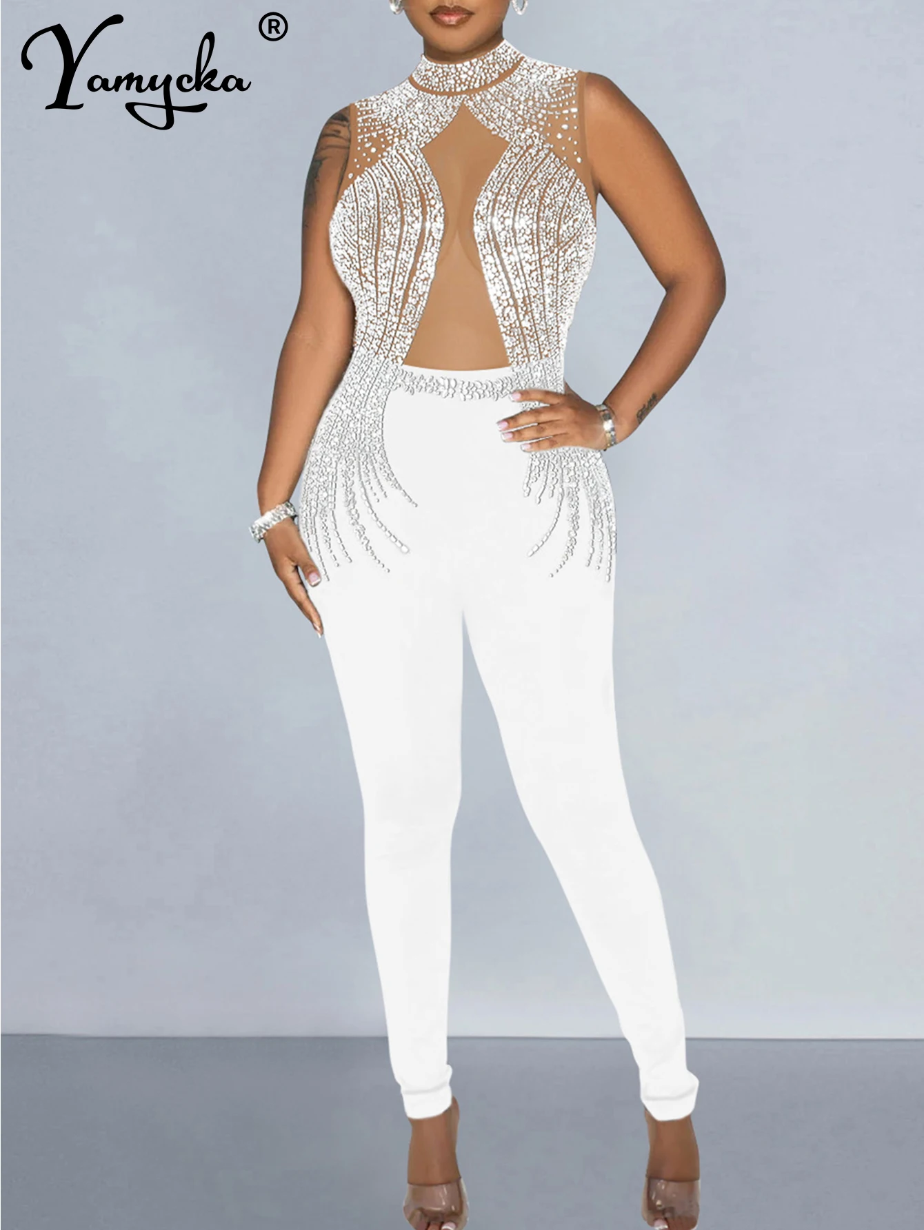 Сексуальный белый сетчатый женский прозрачный комбинезон без рукавов