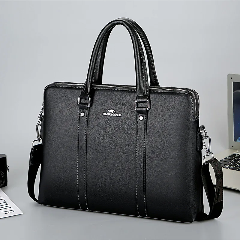 Men Briefcase Double Zipper Genuine Leather Shoulder Bag 14 Inch Laptop Bag Large Capacity Male Business Handbag Travel Bag