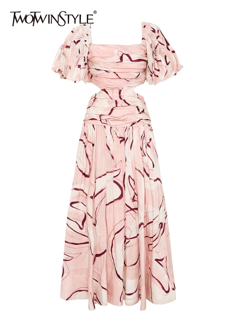 

TWOTWINSTYLE Hit Color Printing Dresses For Women Square Collar Puff Sleeve High Waist Folds Loose Summer Dress Female Fashion