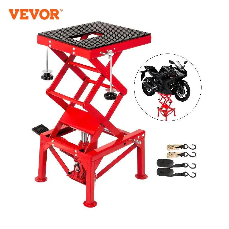 

VEVOR Motorcycle Jack Scissor 300 LBS Load Capacity Hydraulic Portable Lift Stand Table Red Silver Blue with Fastening Straps