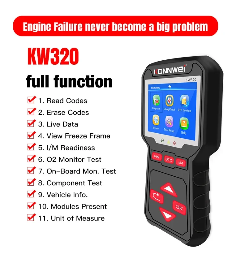 Фото Диагностический инструмент KONNWEI KW320 OBD2 для диагностики автомобилей, тестирования датчиков O2, проверки состояния I/M, поиска кодов неисправностей DTC, просмотра данных потока, сканер OBD2 №1