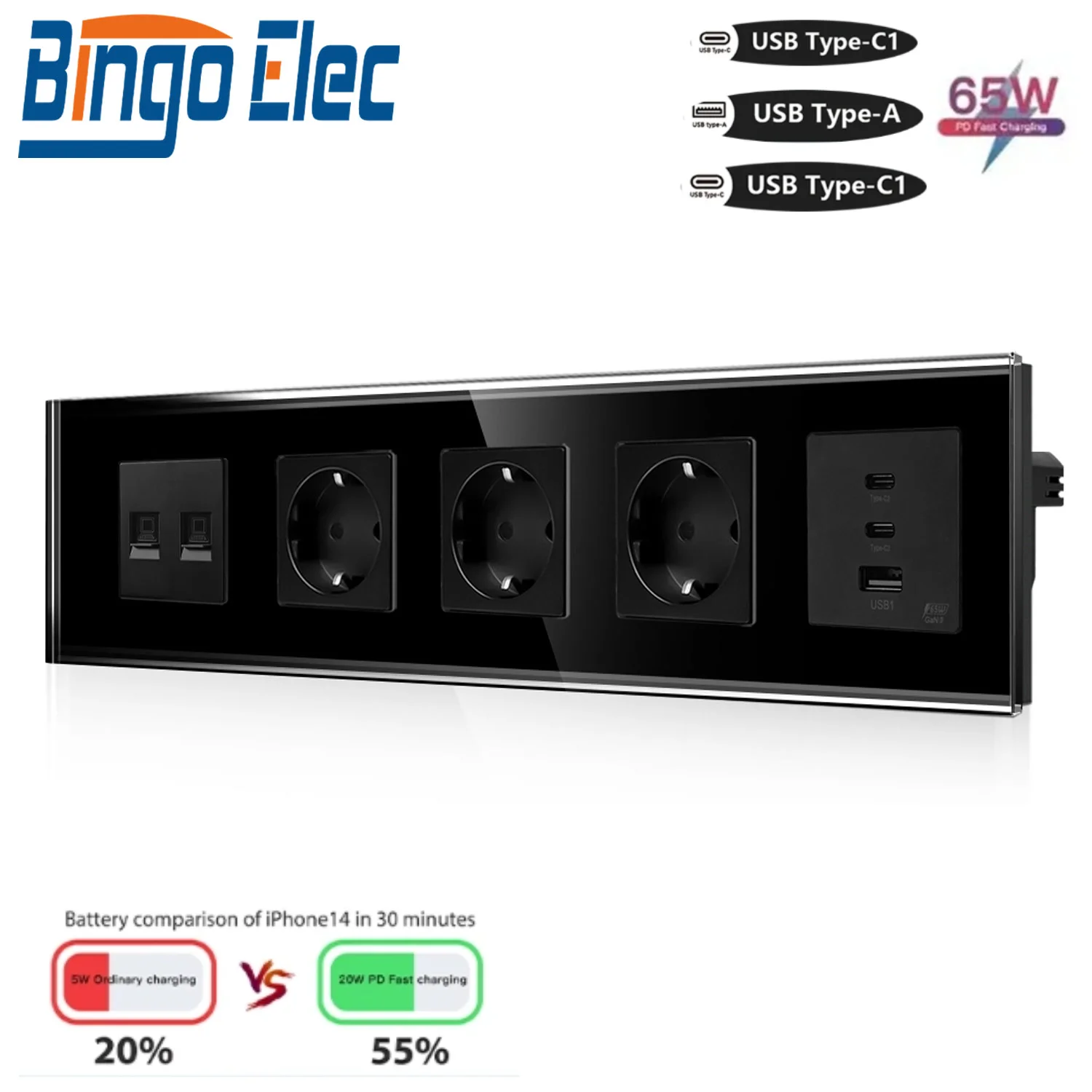 

BINGOELEC EU розетка с телевизором/CAT6 Специальная USB-розетка для дома Настенная розетка 65 Вт Быстрая зарядка Электрическая розетка 220 В