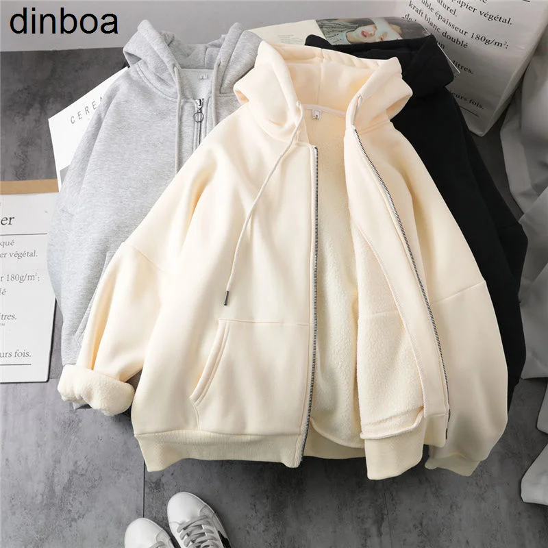 

Dinboa-плюшевая и толстая модная Женская осенне-зимняя модель Yk2 футболка с капюшоном пальто Корейская однотонная женская с длинным рукавом