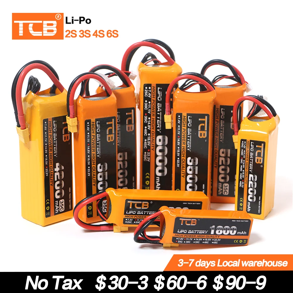 

TCB NEW 2S 3S 4S 6S 11.1V 14.8V 22.2V 1300 1500 1800 2200 3000 4200 5200 6000mAh 35C 60C XT60-T PLUG RC Lipo Batteries