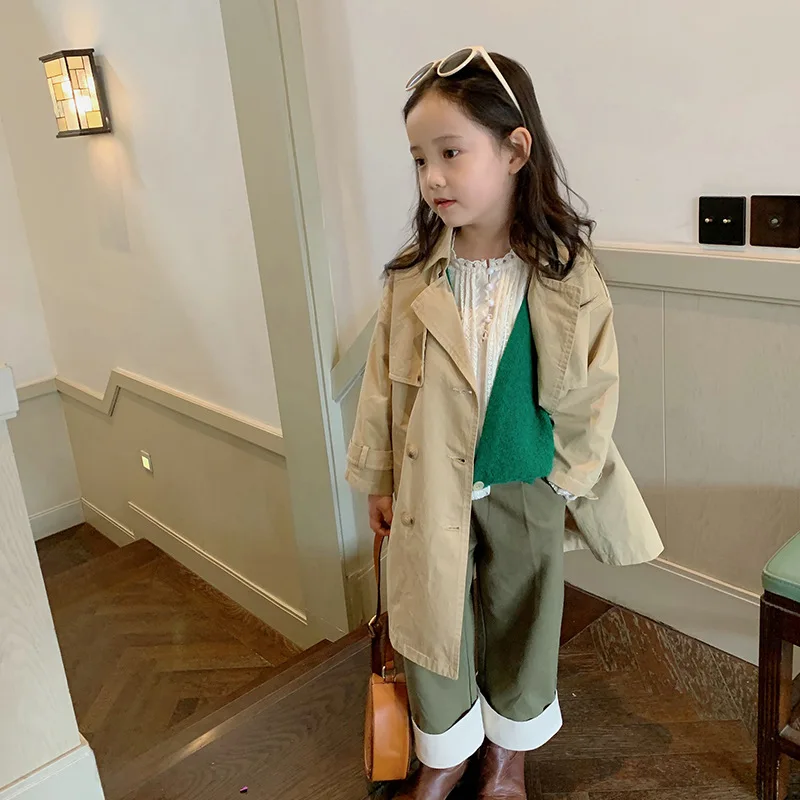 Autumn Girls Trench coats solid color long style Windbreaker Kids double-breasted casual outerwear