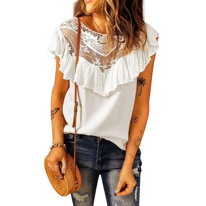 

2022 New Women's Lace Blouse Summer Ruffles Crew Neck White Breathable Stitched Stitching Chiffon Shirts Female Top Femme Shirt