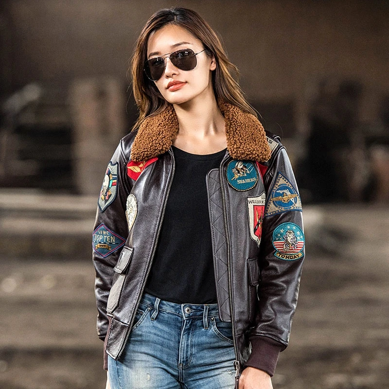 Dark Brown TOP GUN Maverick G1 Jacket Women Military Style Natural Thick Cowhide Winter Warm Aviator Genuine Leather Coats
