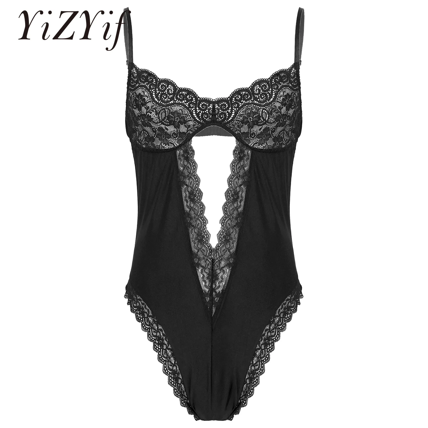 

Mens Lingerie Sexy Sissy Nightwear See-through Lace Patchwork Cutout Bodysuit Adjustable Shoulder Straps Backless Leotard