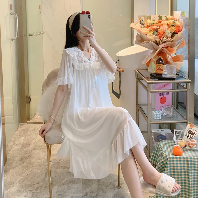 Womens's Short Sleeves Summer Palace Nightgown ,Japanese and Korean Fashion Lace Homedress, Princess Sweet and Sexy Sleepshirt