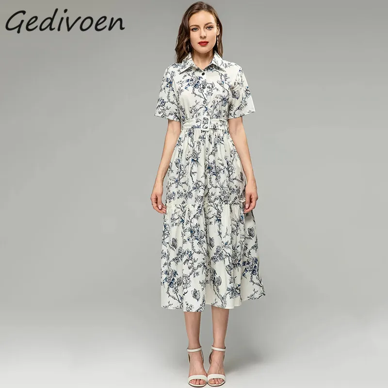 

Gedivoen Fashion Designer Summer Elegant Casual Dress Women Turn-down Collar Short Sleeve Button Sashes Floral Print Midi Dress