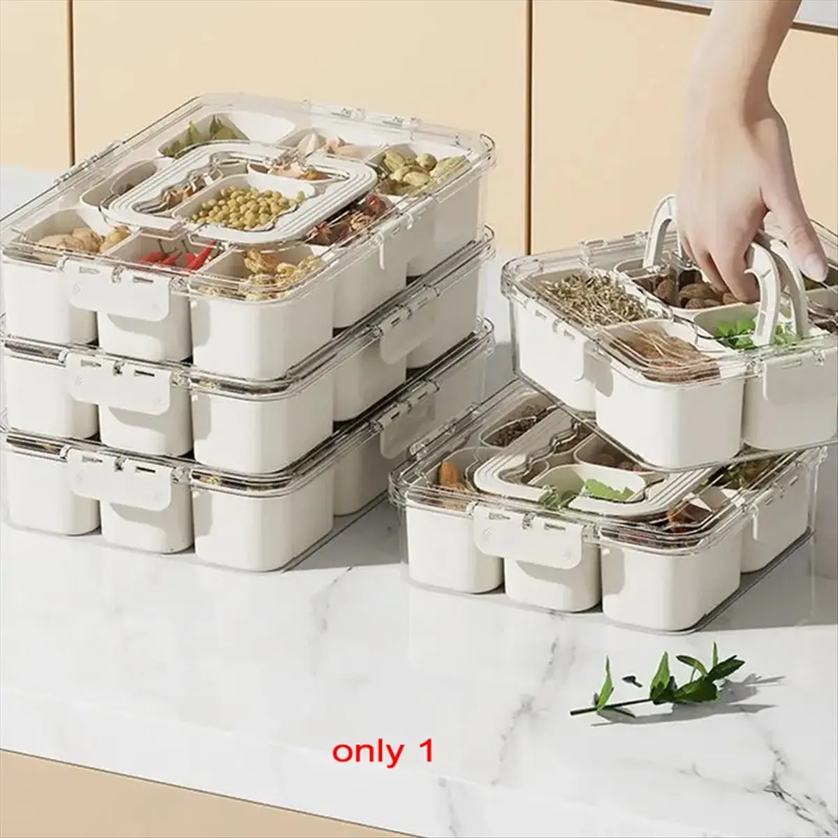 Фото Портативный контейнер-органайзер с разделителями для приправ и продуктов, сохраняющий свежесть, для закусок и фруктов, модель А №1