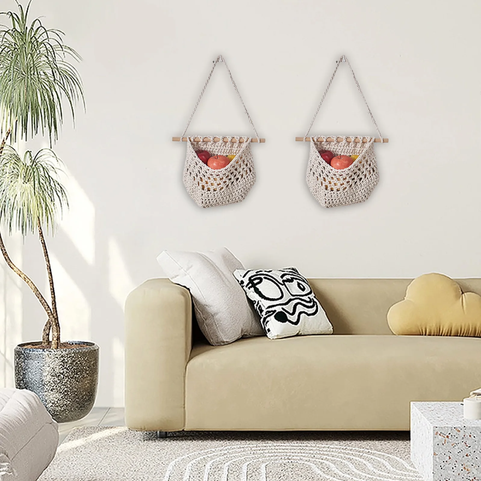 

Hanging Wall Basket Bohemian Storage Woven Fruit Net Pocket Restaurant Storage Garlic Vegetable Wall Planters Kitchen Organizer