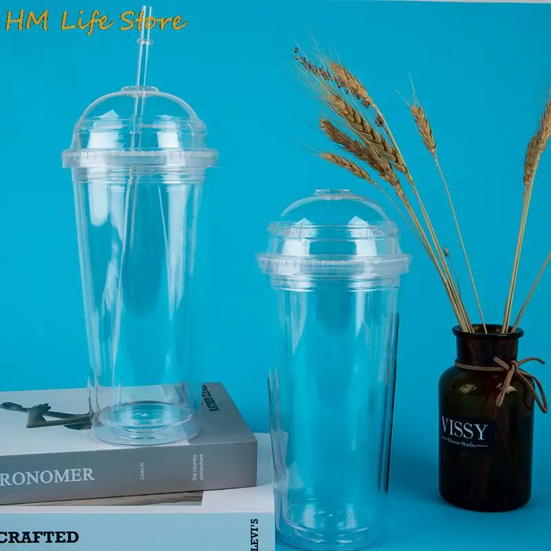 

20oz Milk Tumbler with Dome Lids Double Wall Plastic Drink Cups With Straw Reusable Clear Water Bottle Transparent Fruit Cup Hot