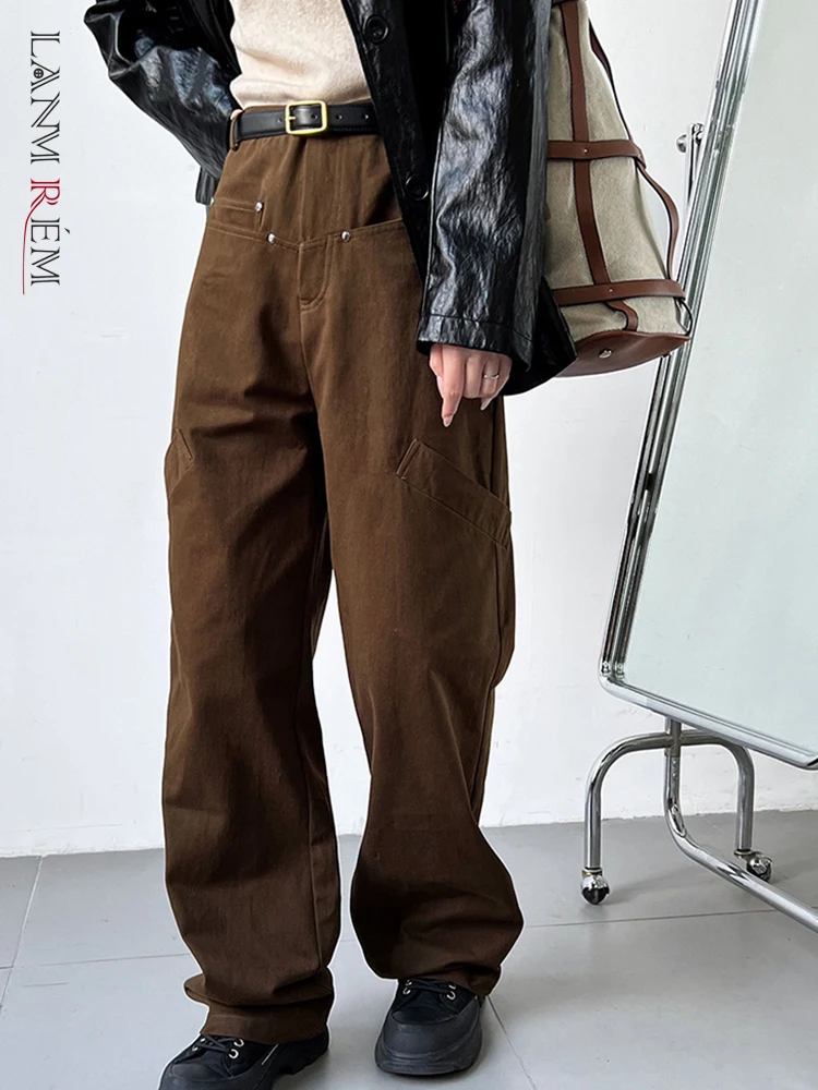 

LANMREM, винтажные прямые длинные штаны, женские штаны с высокой талией, с карманами, с соединением, однотонные брюки, мода 2023, осень, новинка 2AA2542