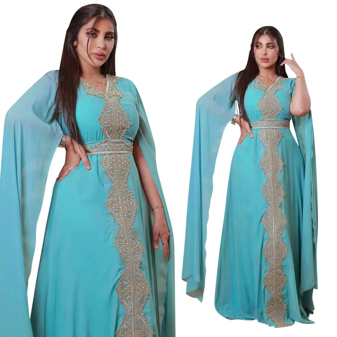 Summer 2023 Women's Clothing New Muslim Gown Embroidered Chiffon Dubai Abaya Arab Islamic Women with Belt Evening Dress Ramadan