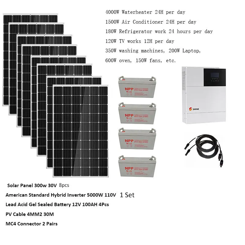 Solar Panel Kit Complete 5000W 5KW 220v 110V Pure Sine Wave MPPT Hybrid Inverter Battery Off Grid System Car Farm House Pool RV