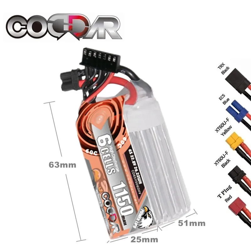 

CODDAR Lipo 6S 22.8V Battery 1150mAh 60C Max 120C HV With XT60 EC5 T XT90 Plug For RC FPV Quadcopter Helicopter Airplane Drone