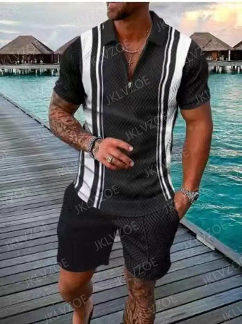 Men's Summer Luxury Polo Shirt Shorts Suit Fashion Trend Tracksuit 2 Pieces Vintage Chain Print Outfit Set Male Casual Clothing images - 6