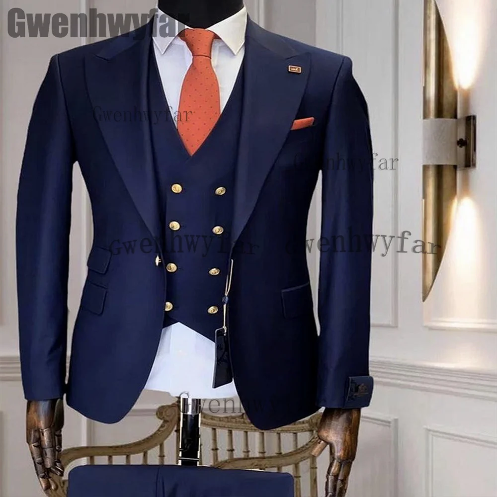 

Роскошные мужские костюмы Gwenhwyfar, 3 штуки, мужской костюм, приталенный Повседневный смокинг для жениха с пиковым отворотом 2023, выполненный по индивидуальному заказу (пиджак + брюки + жилет)