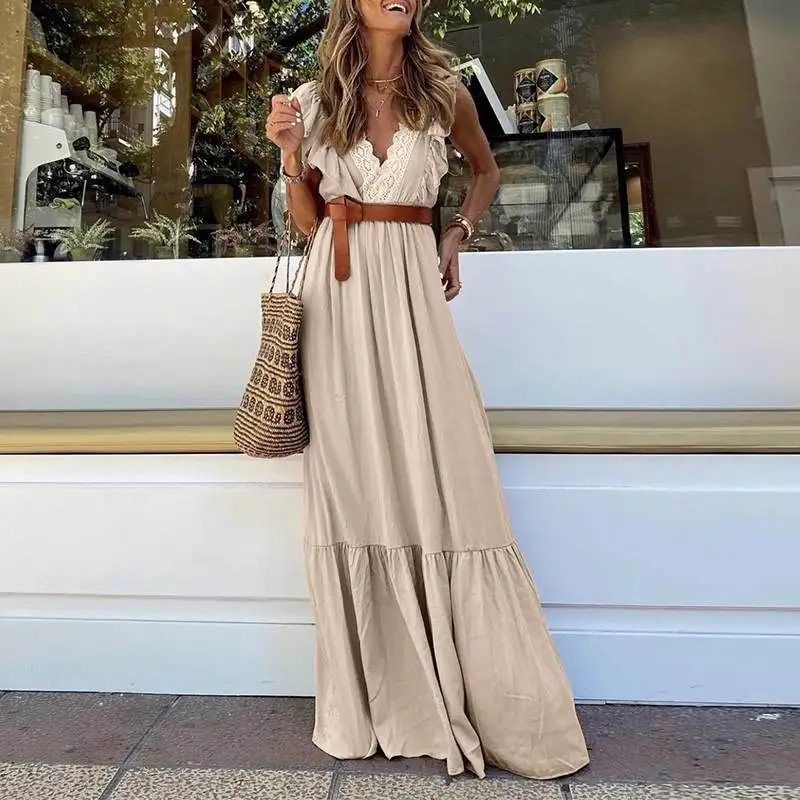 

Summer frill sleeveless lace trim patchwork v-neck A-line long maxi dresses 2022 black/white/khaki ladies bohemian clothes
