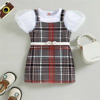 0 18 months baby girl set solid color round neck short puff sleeve tops plaid suspender dress leather