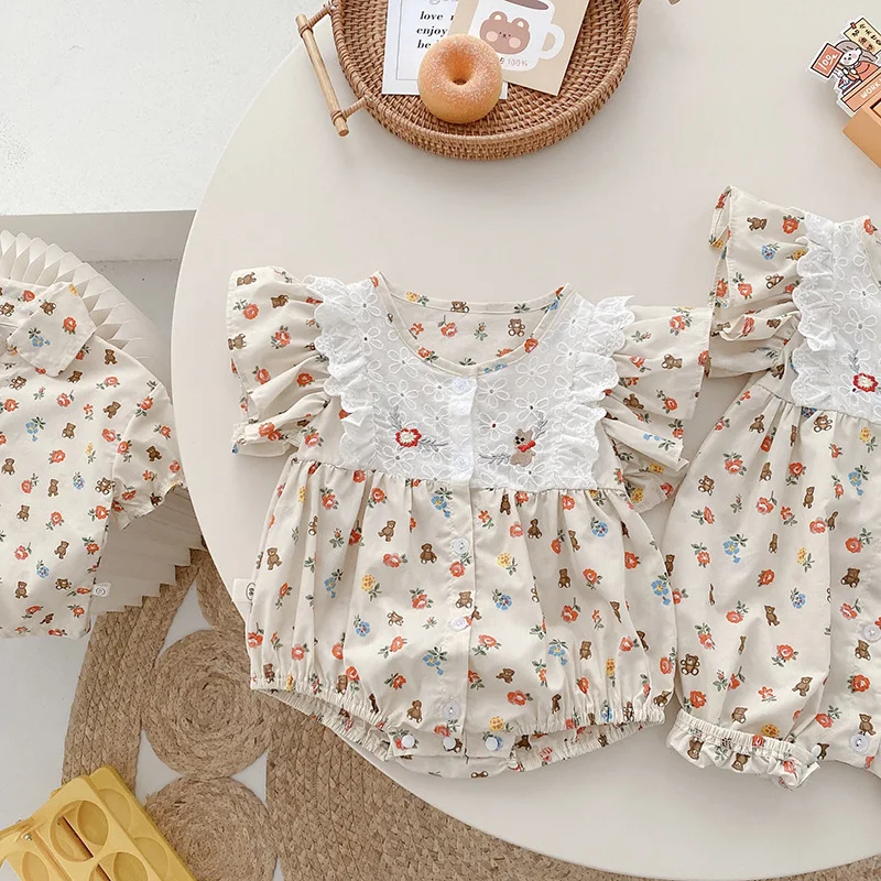 Baby Costume 0-2 Years Old Summer Girl Baby Lace Flying Sleeve Jumpsuit Newborn Suit Rompers Newborn Girl Clothes Cotton Toddler